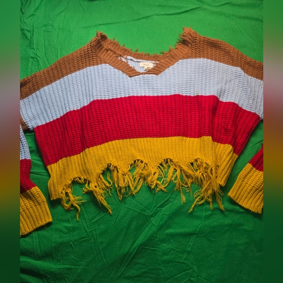 Sweaters - Knit Cropped Red Yellow Brown Blue Fringe Hem Sweater Size Large